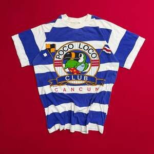 90s Single Stiched Poco Loco Club Mexico Cancun Vintage Striped AOP Tee Shirt bl